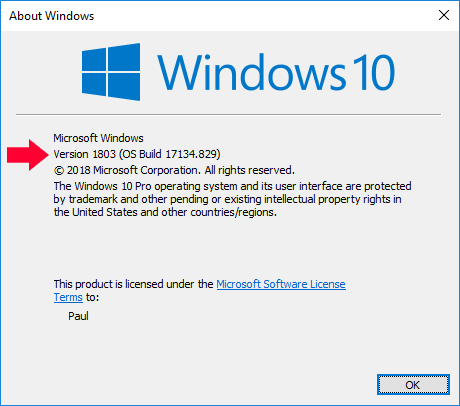 Image showing Winver to check build number of Windows 10
